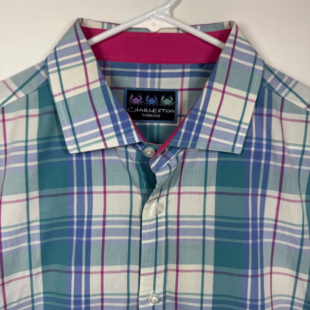 Charleston Threads Mens Plaid Button Down Shirt Long Sleeve Pink Teal Blue Sz XL